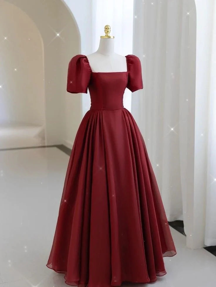 Glamorous A line Square Neck Short Sleeves Wine Red Chiffon Long Evening Party Gowns Evening Special Formal Dresses Prom Dress