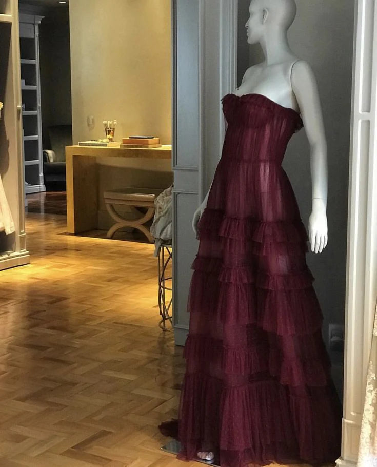 Glamorous A line Sweetheart Sleeveless Tulle Burgundy Long Evening Party Gowns Evening Special Formal Dresses Prom Dress