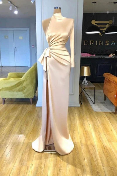 Glamorous High Neck Long Sleeve Column Satin Evening Dress with Front Split Simple gentle atmospheric and unique design