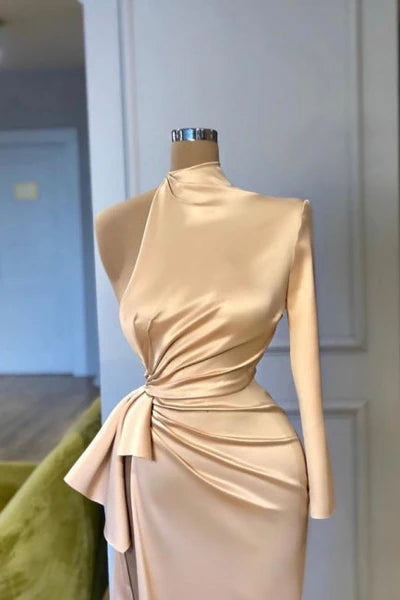 Glamorous High Neck Long Sleeve Column Satin Evening Dress with Front Split Simple gentle atmospheric and unique design