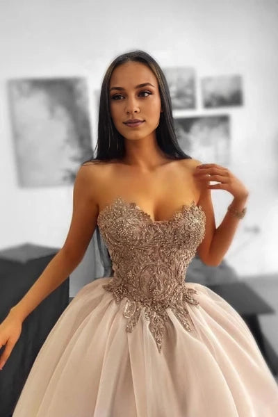 Glamorous Long A-line Beaded Sleeveless Tulle Sweetheart Prom Dress with Delicate Lace Details Simple gentle atmospheric and unique design