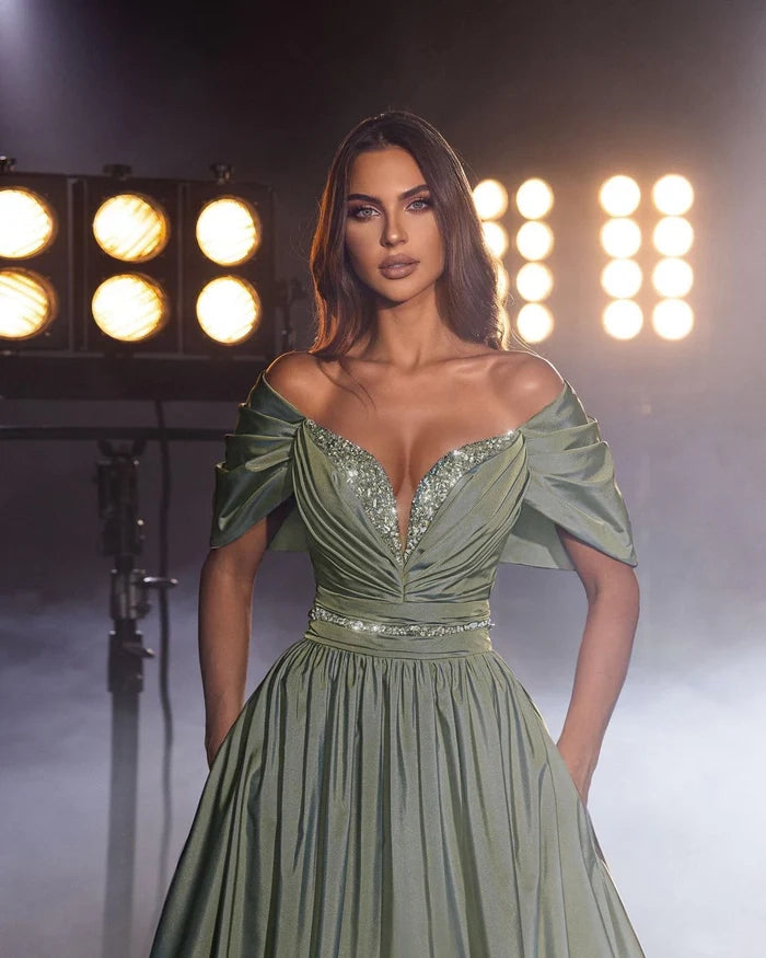 Glamorous Long Dusty Sage A-line Off-the-Shoulder Evening Dress with Beading and Sequins Simple gentle atmospheric and unique design