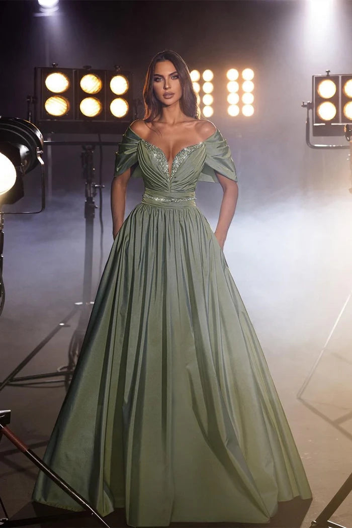 Glamorous Long Dusty Sage A-line Off-the-Shoulder Evening Dress with Beading and Sequins Simple gentle atmospheric and unique design