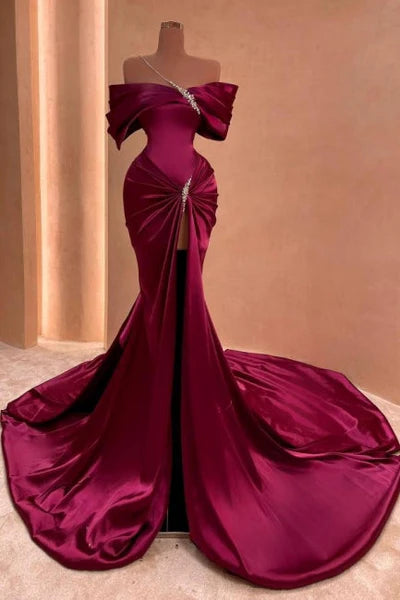 Glamorous Long Floor-Length Mermaid Off-The-Shoulder Split Front Stain Prom Dresses with Beads Simple gentle atmospheric and unique design