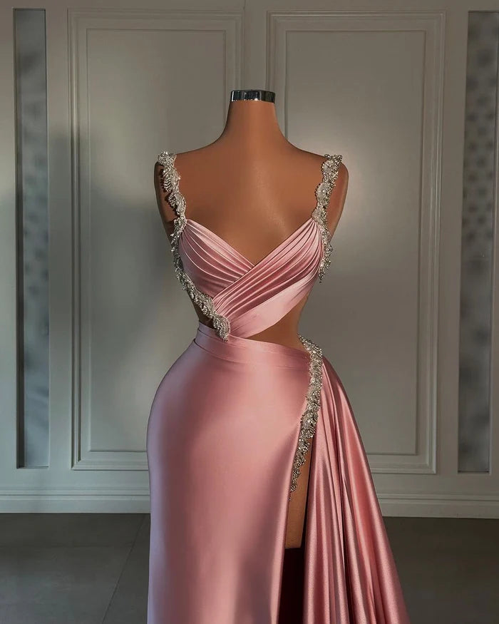 Glamorous Long Pink Strap Satin Dress with Split Front and Beading Simple gentle atmospheric and unique design