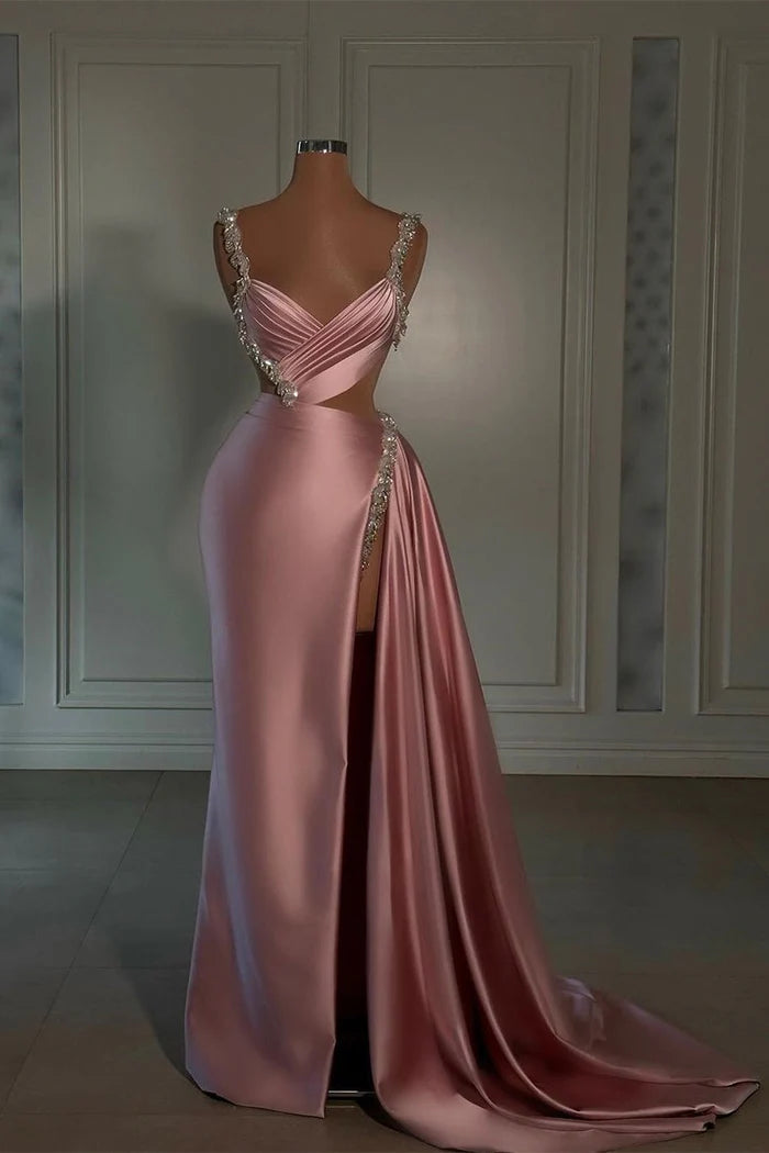 Glamorous Long Pink Strap Satin Dress with Split Front and Beading Simple gentle atmospheric and unique design