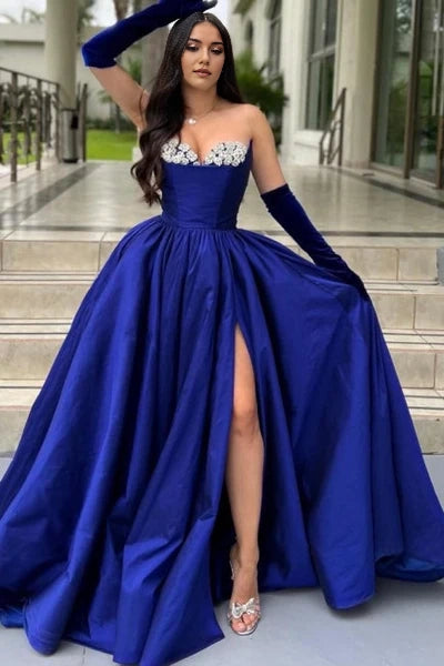 Glamorous Long Royal Blue A-line Glittery Satin Prom Dress with High Slit Simple gentle atmospheric and unique design
