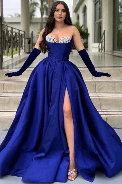 Glamorous Long Royal Blue A-line Glittery Satin Prom Dress with High Slit Simple gentle atmospheric and unique design