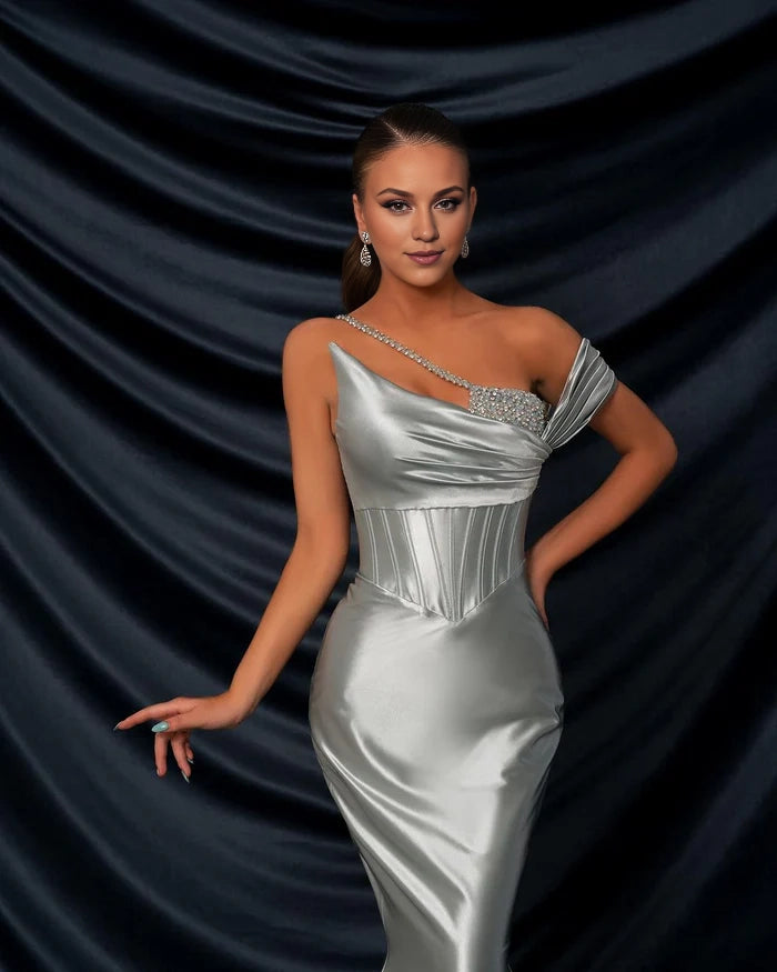 Glamorous Long Silver One-Shoulder Sequined Mermaid Gown for Prom Simple gentle atmospheric and unique design
