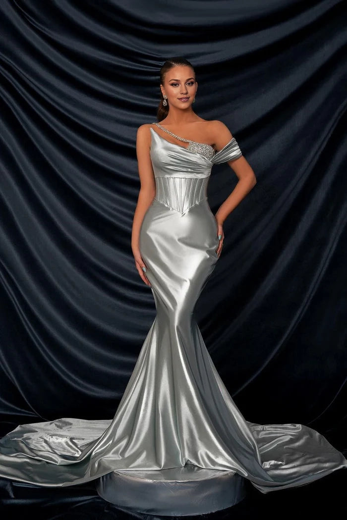 Glamorous Long Silver One-Shoulder Sequined Mermaid Gown for Prom Simple gentle atmospheric and unique design