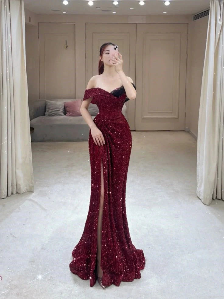 Glamorous Mermaid Off The Shoulder Sequin Burgundy Long Evening Party Gowns Evening Special Formal Dresses Prom Dress