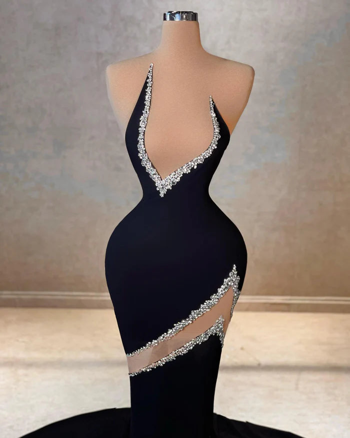 Glamorous Mermaid V-neck Sleeveless Rhinestone Satin Tulle Prom Dress Simple gentle atmospheric and unique design