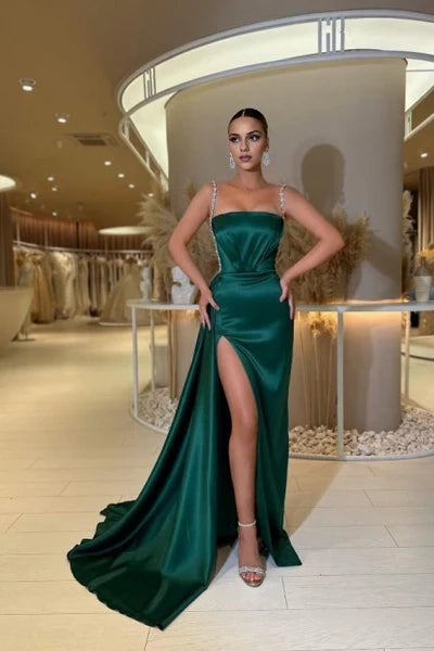 Glamorous Spaghetti Straps Sleeveless A-Line Satin Prom Dress with Sequined AccentsSimple gentle atmospheric and unique design
