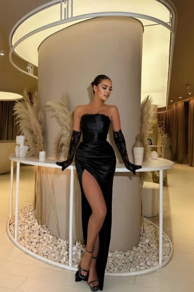 Glamorous Strapless Mermaid Column Satin Evening Gown with Ruffled Details Simple gentle atmospheric and unique design