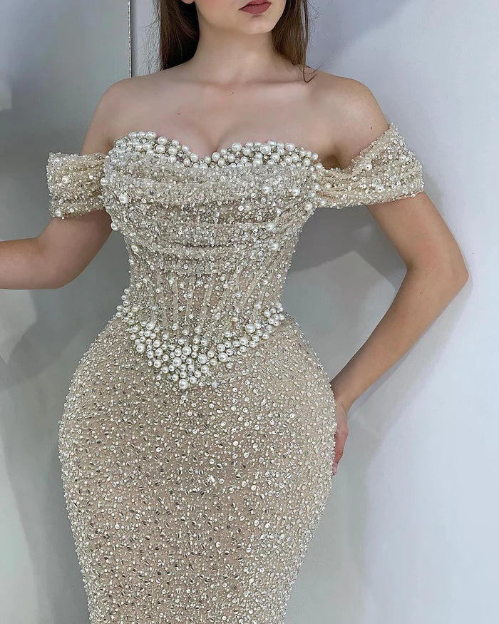Glamorous & Dramatic Off-Shoulder Beaded Mermaid Evening Party Prom Dress Simple gentle atmospheric and unique design