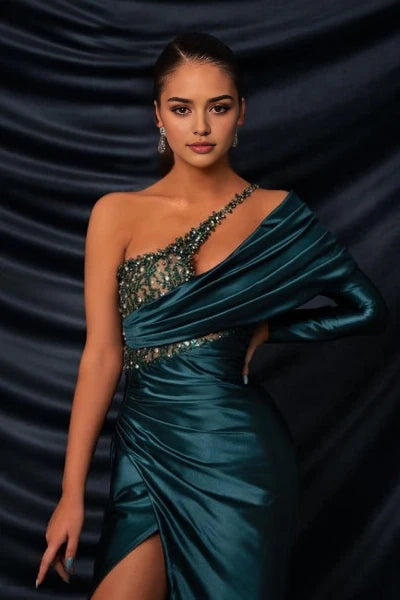 Glamorous Long Dark Green One Shoulder Beaded Lace Long Sleeve Prom Gown with Slit
