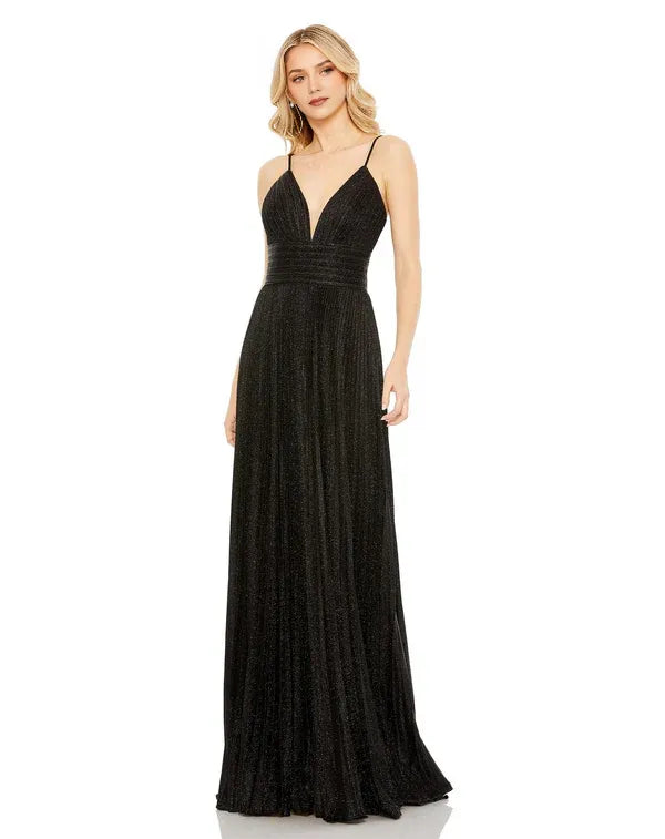 Glimmering A-Line Plunge-Neck Sleeveless Open-Back Floor-Length Prom Dress