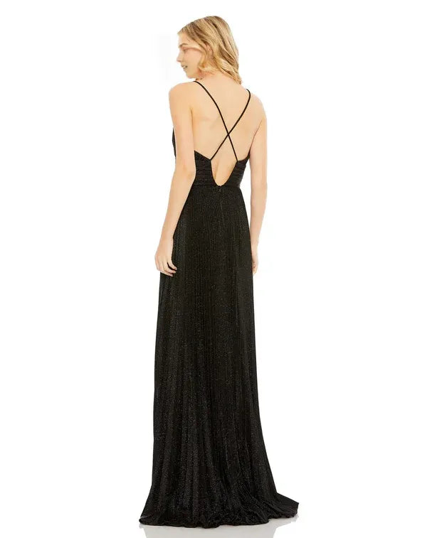 Glimmering A-Line Plunge-Neck Sleeveless Open-Back Floor-Length Prom Dress