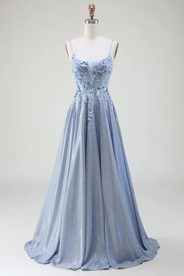 Glitter A-Line Spaghetti Straps Grey Blue Prom Dress simple gentle atmospheric and unique desi