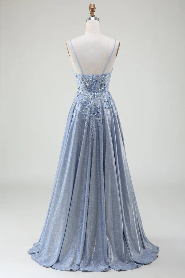 Glitter A-Line Spaghetti Straps Grey Blue Prom Dress simple gentle atmospheric and unique desi