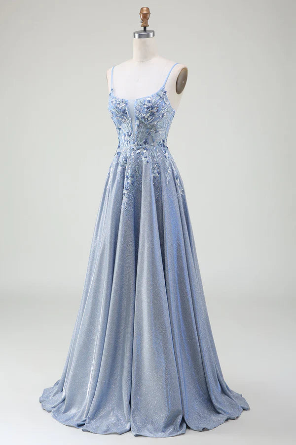 Glitter A-Line Spaghetti Straps Grey Blue Prom Dress simple gentle atmospheric and unique desi