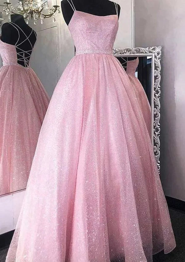 Glitter Beaded A-Line Spaghetti Straps Long Tulle Prom Dress/Evening Dress Simple gentle atmospheric and unique design