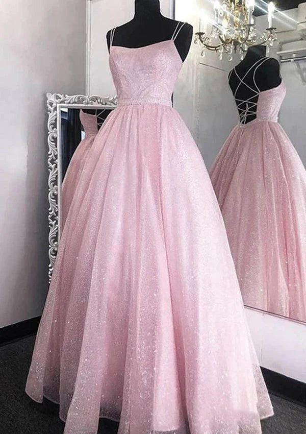 Glitter Beaded A-Line Spaghetti Straps Long Tulle Prom Dress/Evening Dress Simple gentle atmospheric and unique design