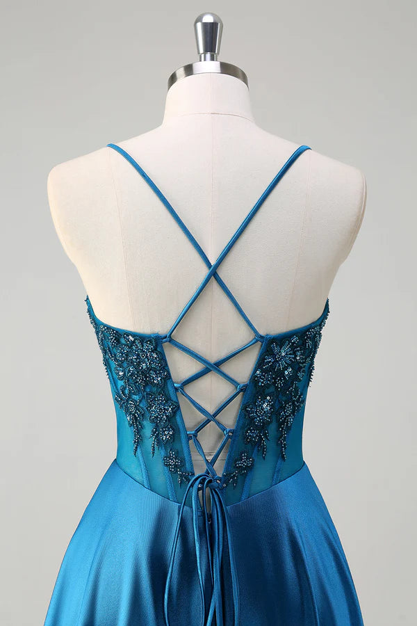 Glitter Blue Corset Spaghetti Straps Long Prom Dress With Sequins simple gentle atmospheric and unique desi