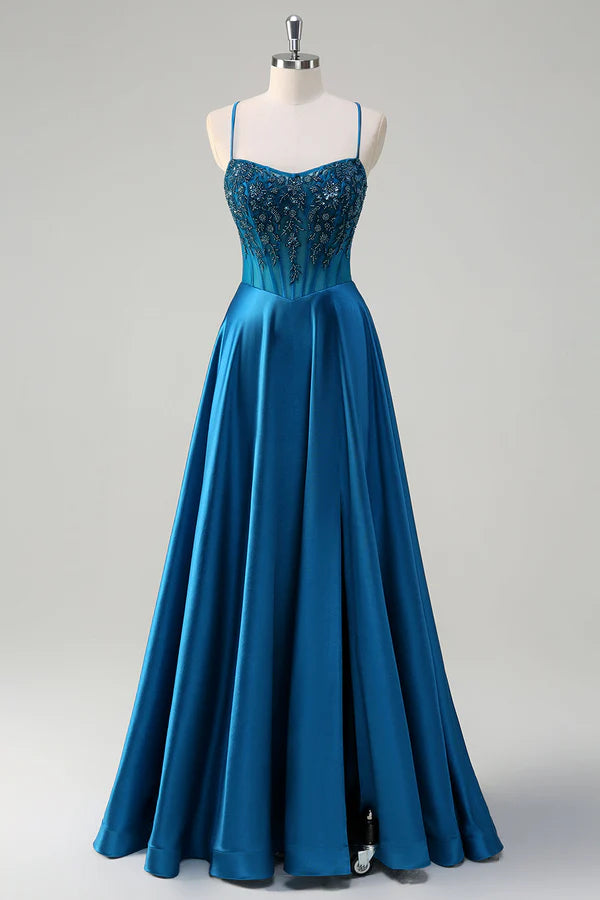 Glitter Blue Corset Spaghetti Straps Long Prom Dress With Sequins simple gentle atmospheric and unique desi