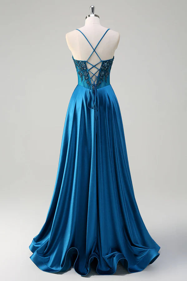 Glitter Blue Corset Spaghetti Straps Long Prom Dress With Sequins simple gentle atmospheric and unique desi