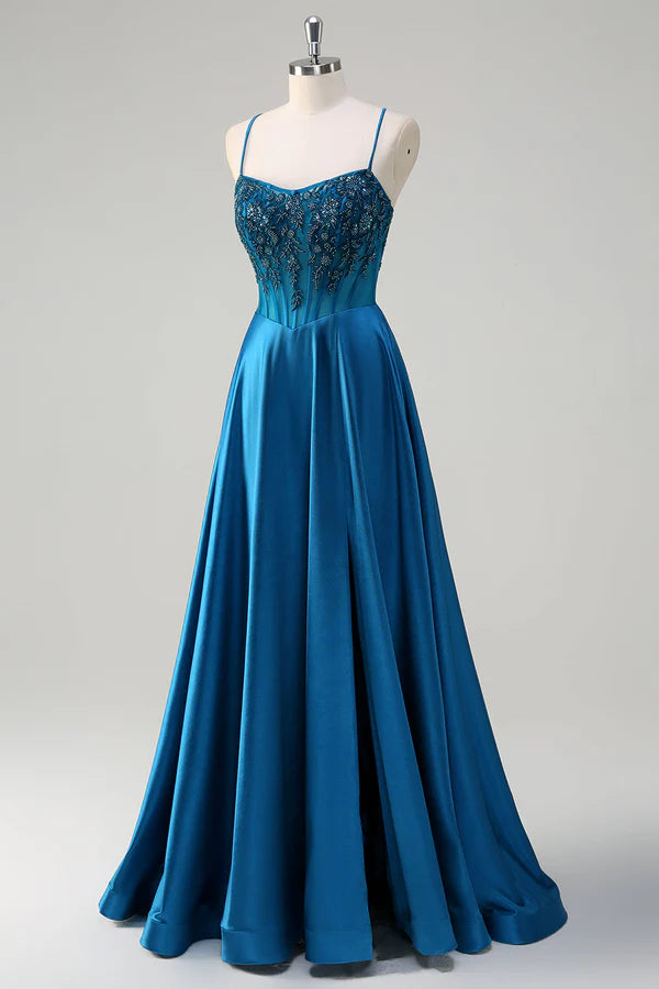 Glitter Blue Corset Spaghetti Straps Long Prom Dress With Sequins simple gentle atmospheric and unique desi