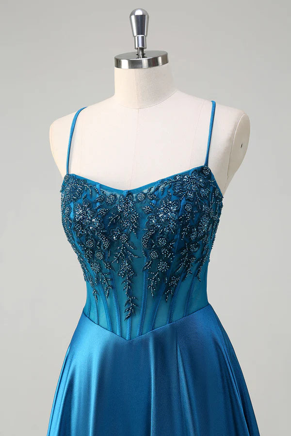 Glitter Blue Corset Spaghetti Straps Long Prom Dress With Sequins simple gentle atmospheric and unique desi