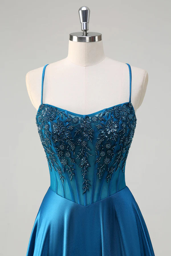 Glitter Blue Corset Spaghetti Straps Long Prom Dress With Sequins simple gentle atmospheric and unique desi