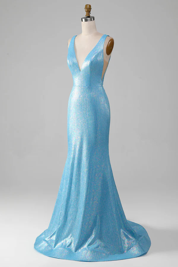 Glitter Blue V-neck Mermaid Prom Dress Simple gentle atmospheric and unique desig