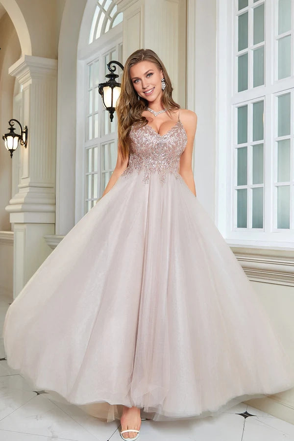 Glitter Blush A-Line Tulle Long Prom Dress with Lace Simple gentle atmospheric and unique design