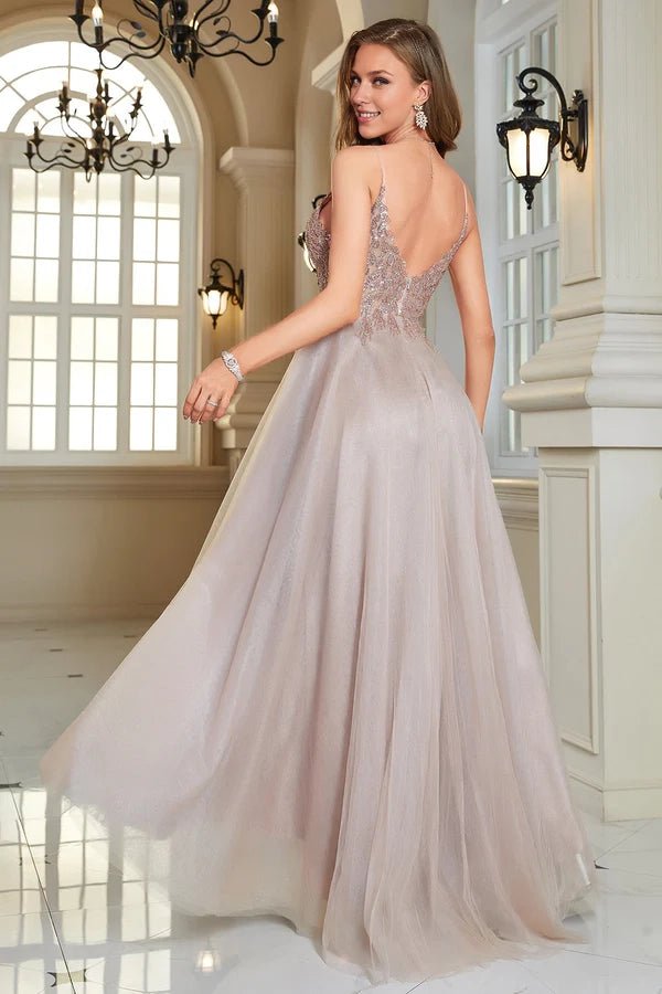 Glitter Blush A-Line Tulle Long Prom Dress with Lace Simple gentle atmospheric and unique design