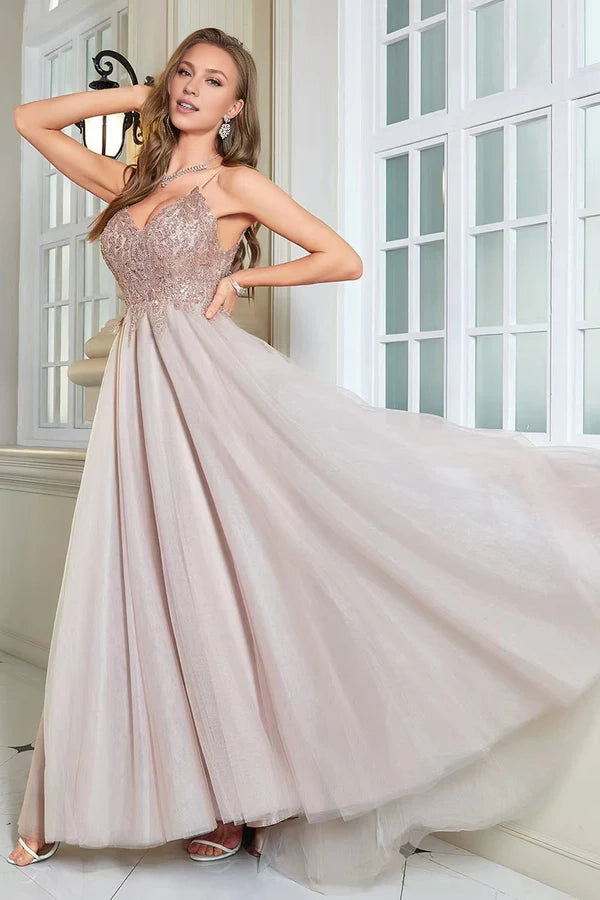 Glitter Blush A-Line Tulle Long Prom Dress with Lace Simple gentle atmospheric and unique design
