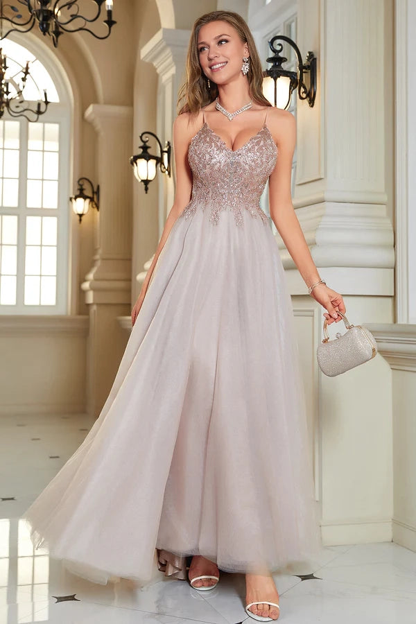 Glitter Blush A-Line Tulle Long Prom Dress with Lace Simple gentle atmospheric and unique design