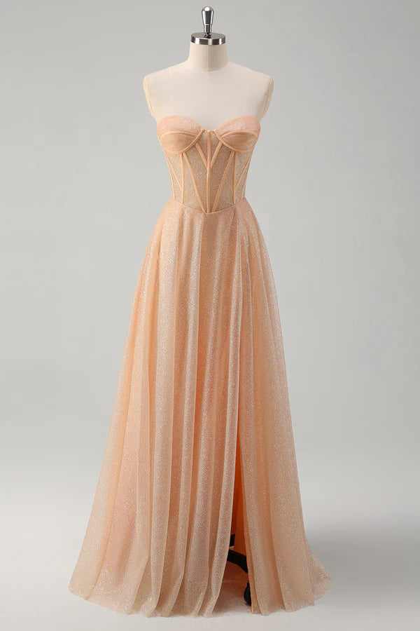 Glitter Champagne A Line Corset Strapless Prom Dress with Slit simple gentle atmospheric and unique desi