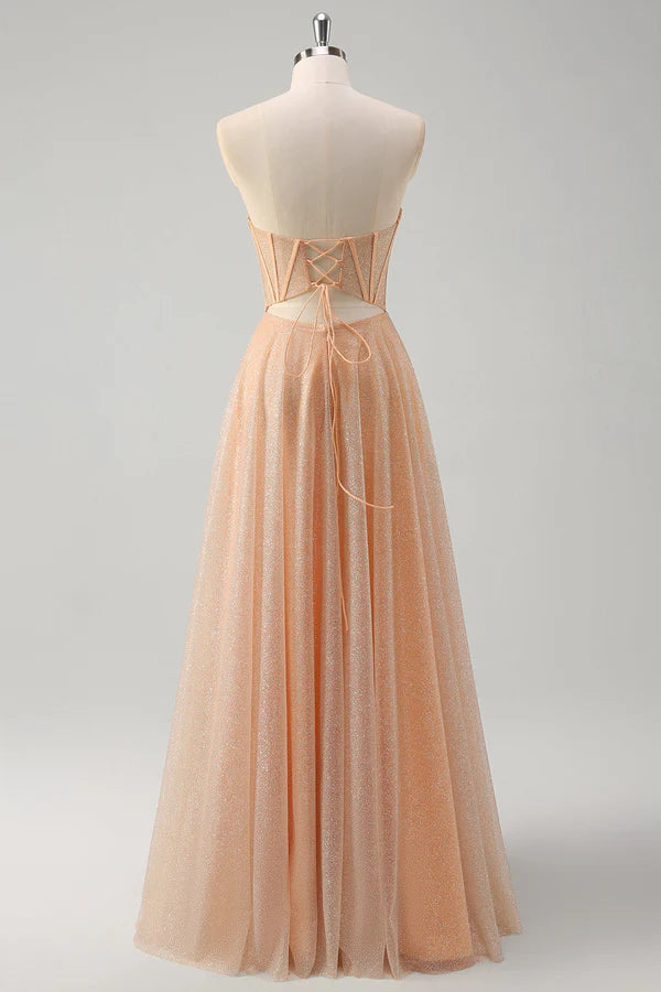 Glitter Champagne A Line Corset Strapless Prom Dress with Slit simple gentle atmospheric and unique desi