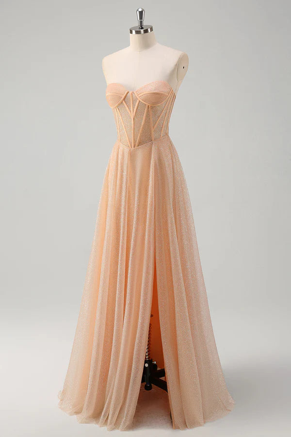 Glitter Champagne A Line Corset Strapless Prom Dress with Slit simple gentle atmospheric and unique desi