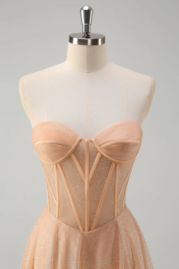 Glitter Champagne A Line Corset Strapless Prom Dress with Slit simple gentle atmospheric and unique desi