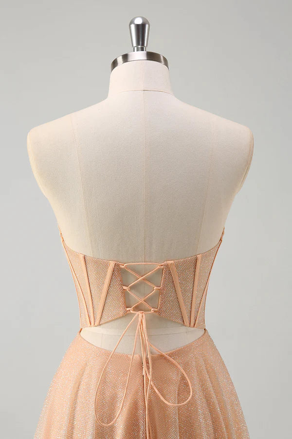 Glitter Champagne A Line Corset Strapless Prom Dress with Slit simple gentle atmospheric and unique desi