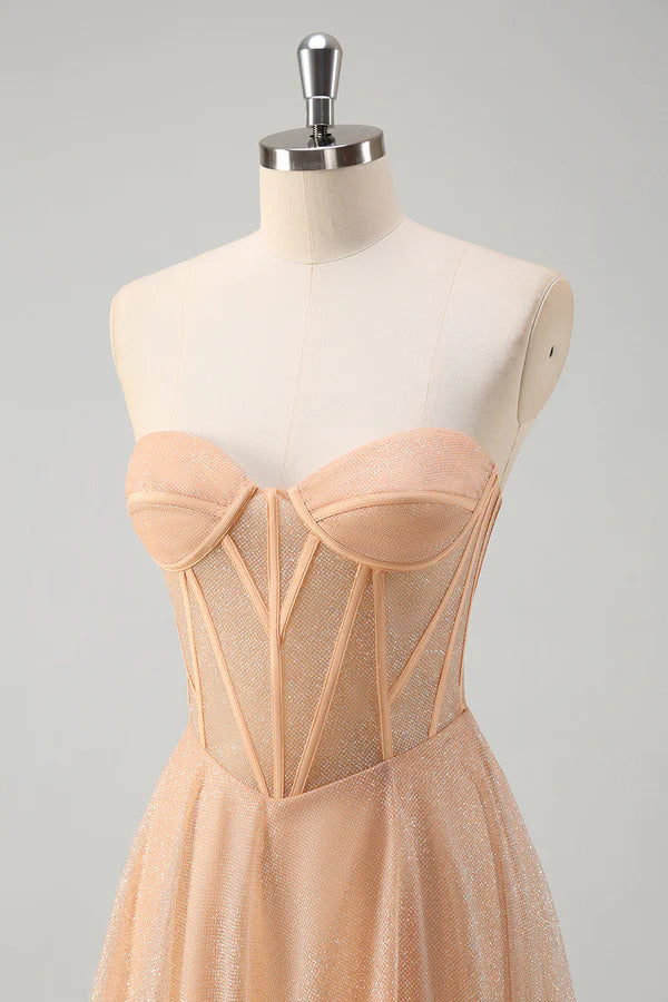 Glitter Champagne A Line Corset Strapless Prom Dress with Slit simple gentle atmospheric and unique desi