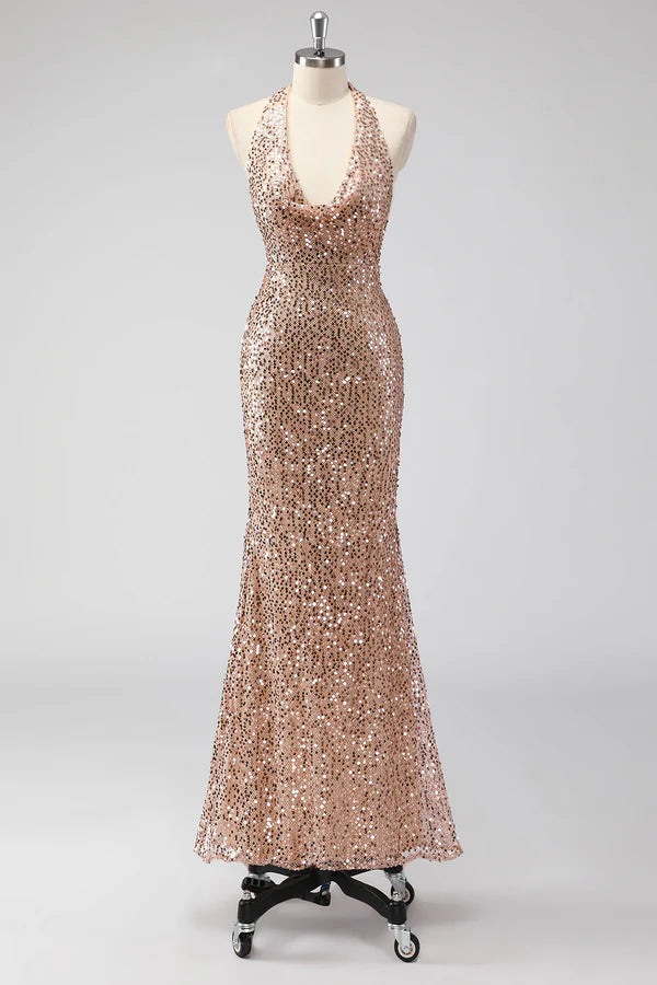 Glitter Champagne Mermaid Halter Open Back Long Prom Dress with Sequins simple gentle atmospheric and unique desi Bring summer colors to enhance whiteness