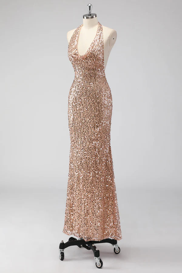 Glitter Champagne Mermaid Halter Open Back Long Prom Dress with Sequins simple gentle atmospheric and unique desi Bring summer colors to enhance whiteness