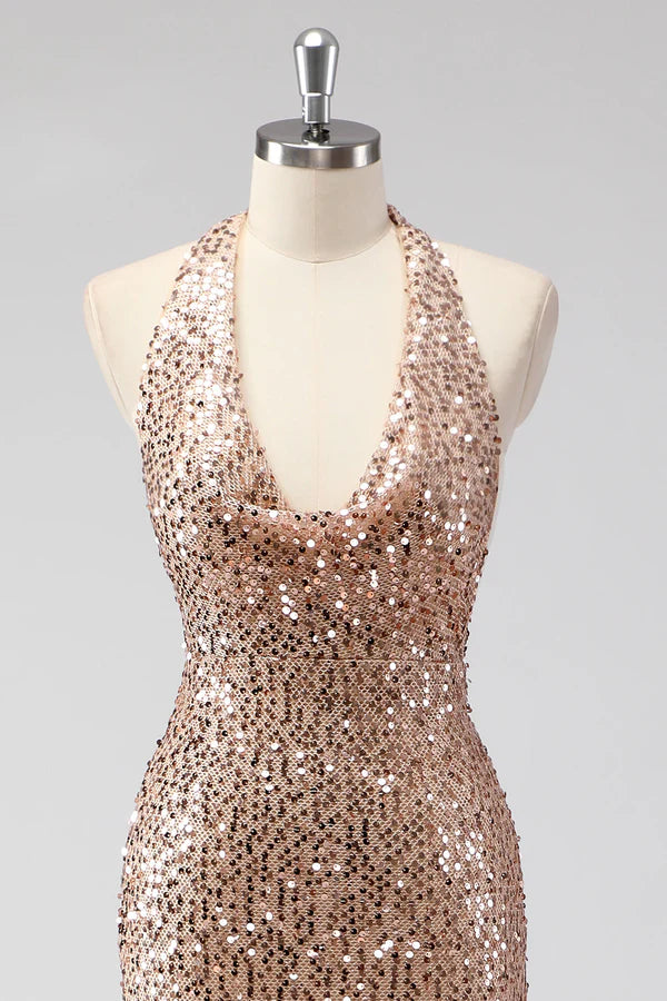 Glitter Champagne Mermaid Halter Open Back Long Prom Dress with Sequins simple gentle atmospheric and unique desi Bring summer colors to enhance whiteness