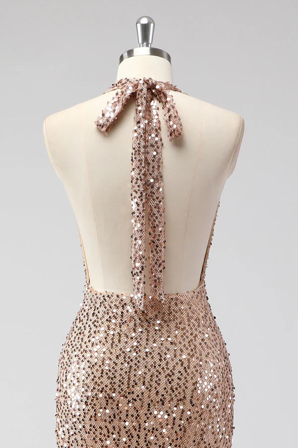 Glitter Champagne Mermaid Halter Open Back Long Prom Dress with Sequins simple gentle atmospheric and unique desi Bring summer colors to enhance whiteness