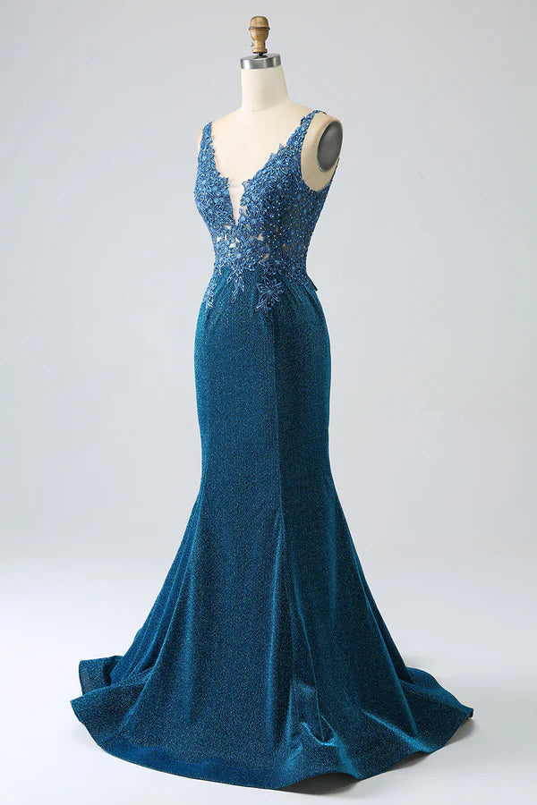 Glitter Dark Blue Mermaid Prom Dress with Beading simple gentle atmospheric and unique desi