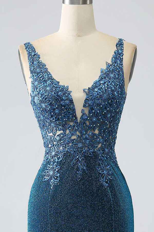Glitter Dark Blue Mermaid Prom Dress with Beading simple gentle atmospheric and unique desi